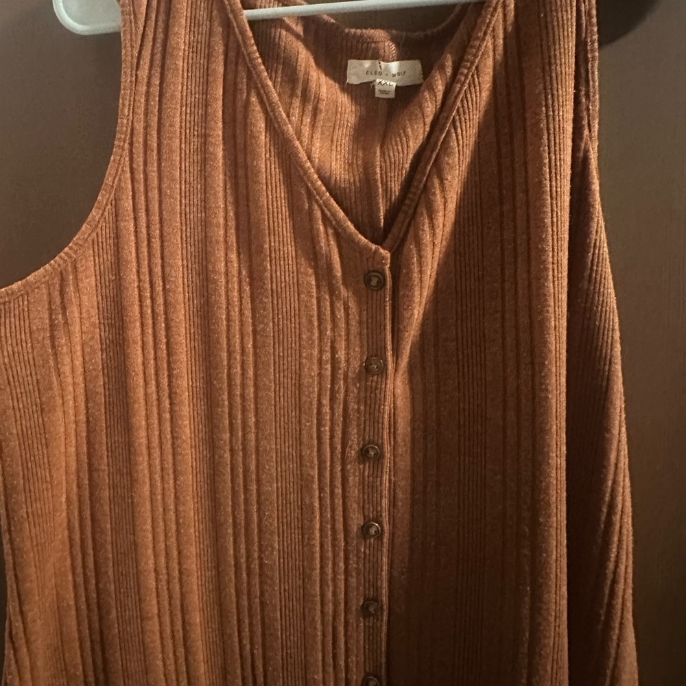 WOLF Brown Ribbed Button Down Sleeveless Dress with buttons